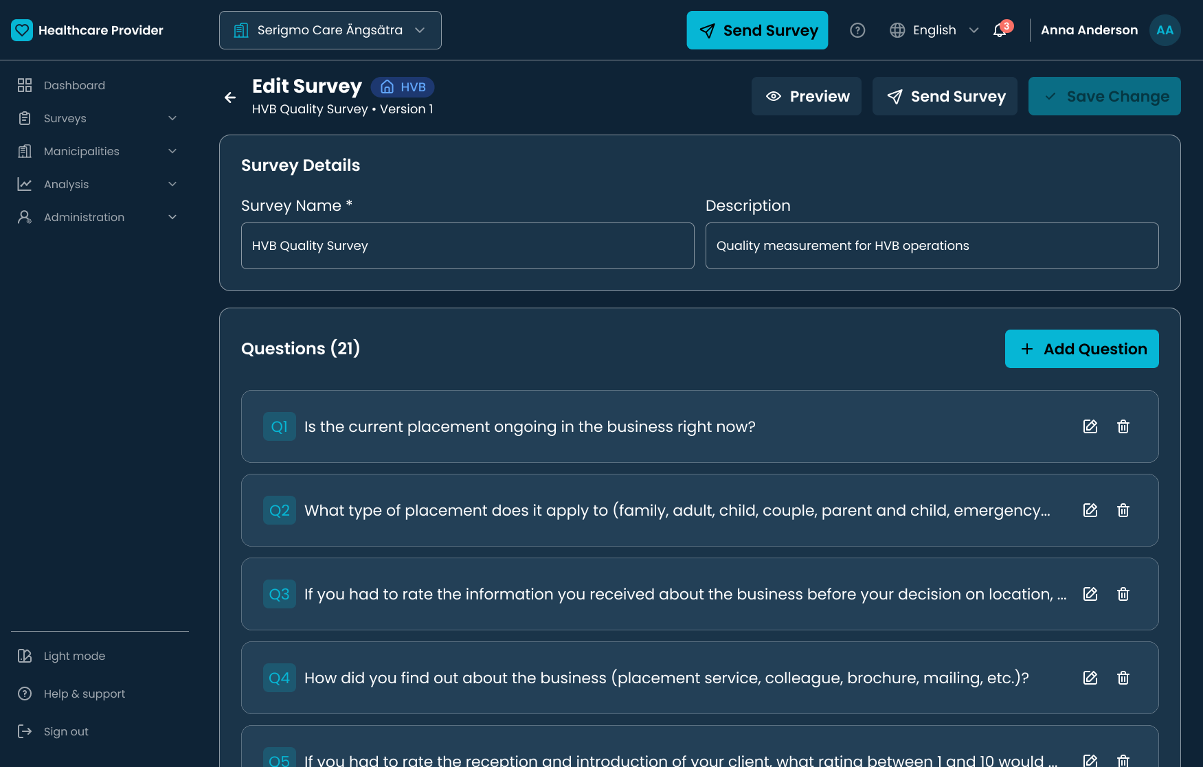 Survey editor showing the full question set with categories and response options before sending.